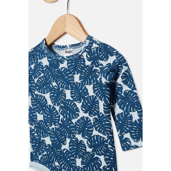 Cotton On Long Sleeve Bubbysuit Frosty Blue Tropical Leaves Size 0-3 Months - Picture 5 of 5